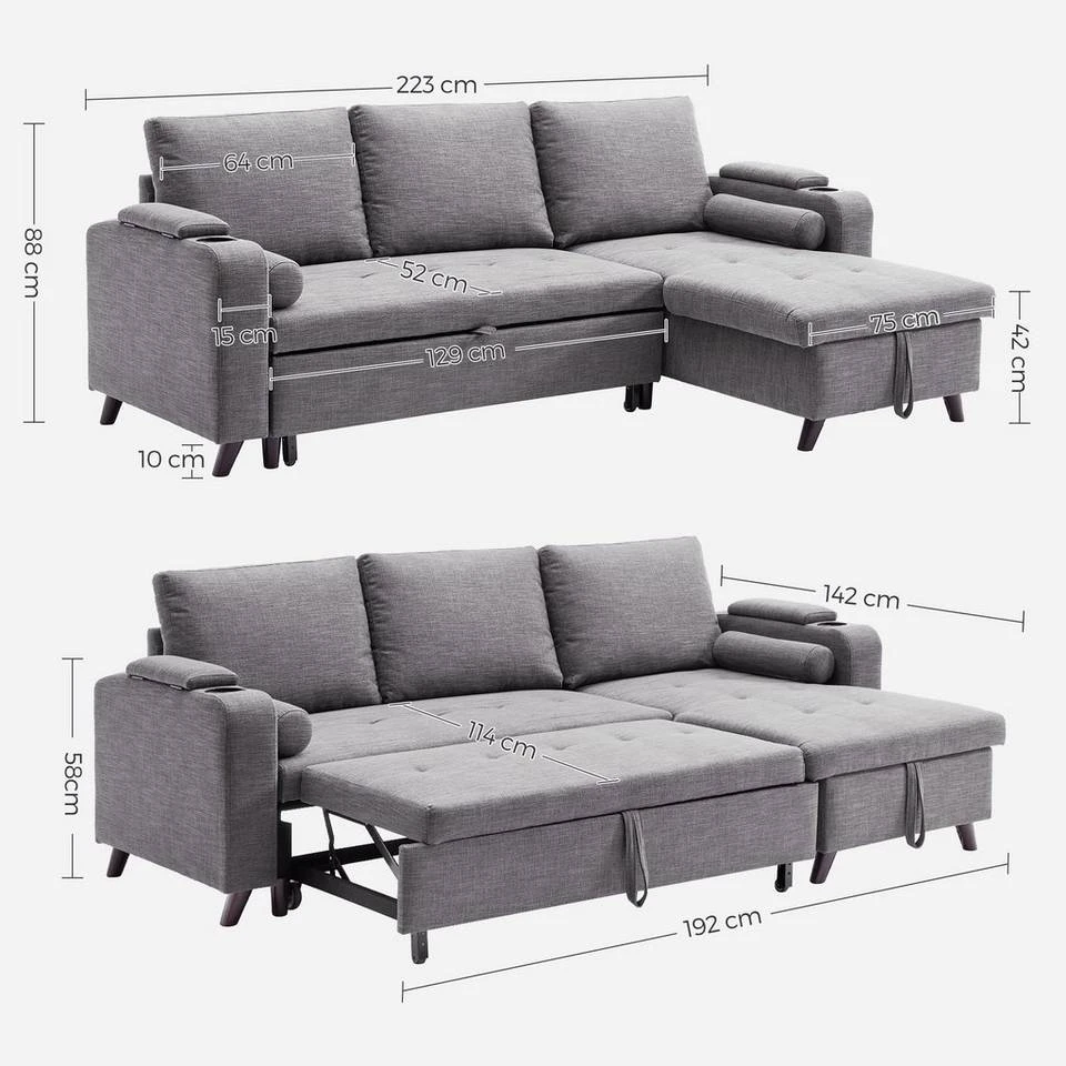 VASAGLE Schlafsofa »LCS801«, Bettsofa mit Stauraum, Ecksofa, mit Becherhalter, einfache Montage, 223 x 142 x 88 cm (L x B x H), modern Dunkelgrau, Hellgrau 8 VASAGLE Schlafsofa »LCS801«, Bettsofa mit Stauraum, Ecksofa, mit Becherhalter, einfache Montage, 223 x 142 x 88 cm (L x B x H), modern Dunkelgrau, Hellgrau – Bild 7