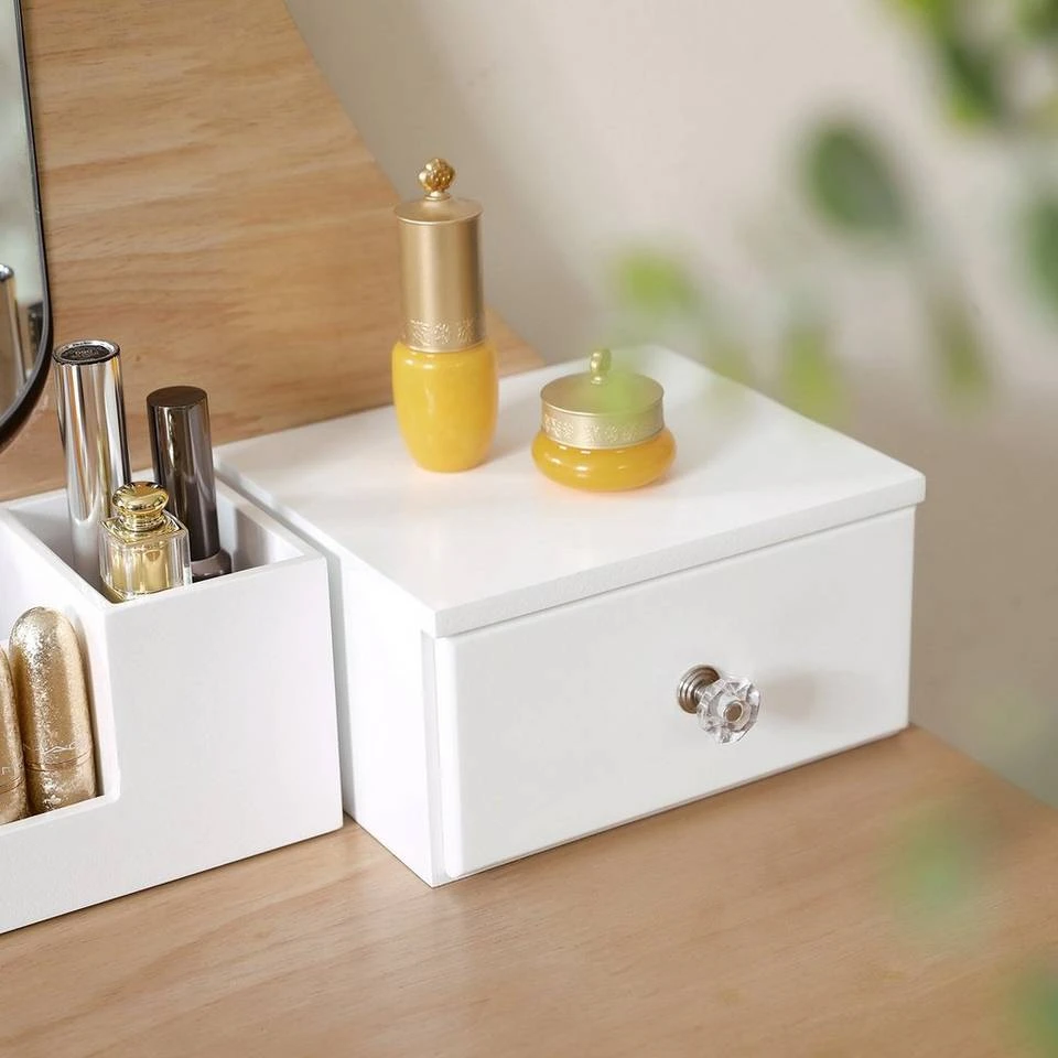 VASAGLE Schminktisch »RDT25WT/BK/K«, Frisiertisch, Kosmetiktisch, mit Spiegel ohne Rahmen, Polsterhocker, Massivholzbeinen Schwarz, Weiß-Natur, Weiß 7 VASAGLE Schminktisch »RDT25WT/BK/K«, Frisiertisch, Kosmetiktisch, mit Spiegel ohne Rahmen, Polsterhocker, Massivholzbeinen Schwarz, Weiß-Natur, Weiß – Bild 5