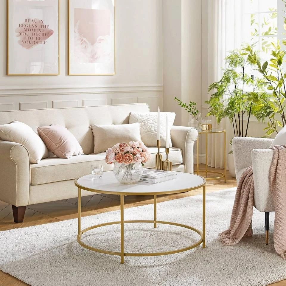 VASAGLE Couchtisch »LCT091A10«, Beistelltisch, Sofatisch, rund, mit goldfarbenem Stahlrahmen, modern, Ø 84 cm, weiß-goldfarben 3 VASAGLE Couchtisch »LCT091A10«, Beistelltisch, Sofatisch, rund, mit goldfarbenem Stahlrahmen, modern, Ø 84 cm, weiß-goldfarben
