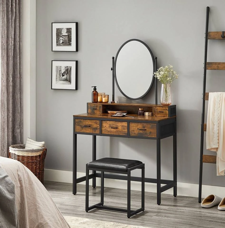 VASAGLE Schminktisch »RVT006A10/B01«, Frisiertisch, Kosmetiktisch, mit Hocker, mit ovalem Spiegel und 5 Schubladen Vintagebraun-Schwarz, Weiß-goldfarben 3 VASAGLE Schminktisch »RVT006A10/B01«, Frisiertisch, Kosmetiktisch, mit Hocker, mit ovalem Spiegel und 5 Schubladen Vintagebraun-Schwarz, Weiß-goldfarben