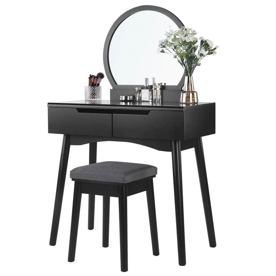 VASAGLE Schminktisch »RDT11BK RDT11K«, Frisiertisch, mit rundem Spiegel und gepolstertem Hocker, 2 große Schubladen Schwarz | schwarz, Weiß | natur 16 VASAGLE Schminktisch »RDT11BK RDT11K«, Frisiertisch, mit rundem Spiegel und gepolstertem Hocker, 2 große Schubladen Schwarz | schwarz, Weiß | natur – Bild 14