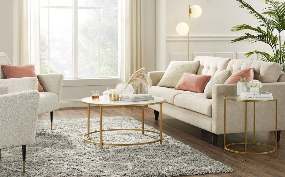 VASAGLE Couchtisch »LCT091A10«, Beistelltisch, Sofatisch, rund, mit goldfarbenem Stahlrahmen, modern, Ø 84 cm, weiß-goldfarben 11 VASAGLE Couchtisch »LCT091A10«, Beistelltisch, Sofatisch, rund, mit goldfarbenem Stahlrahmen, modern, Ø 84 cm, weiß-goldfarben – Bild 9