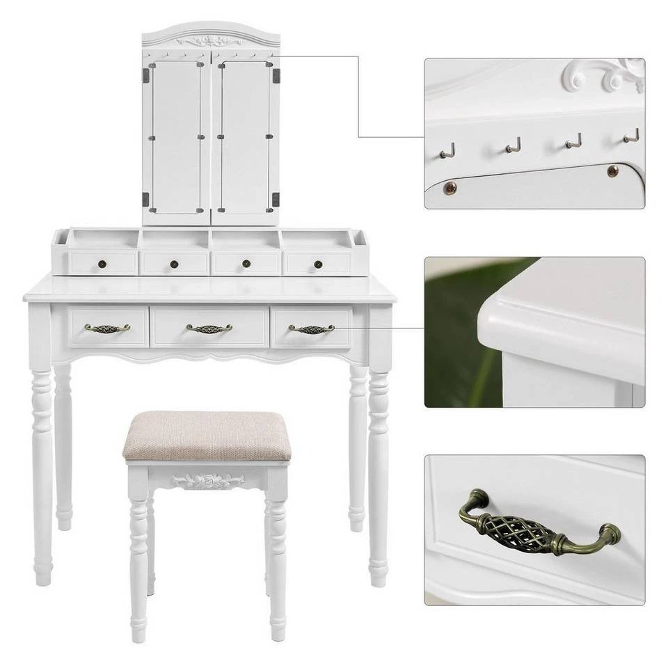 VASAGLE Schminktisch »RDT60WT RDT60BK«, Frisiertisch, Kosmetiktisch mit 3-teiliger Klappspiegel,mit Hocker Schwarz, Weiß 6 VASAGLE Schminktisch »RDT60WT RDT60BK«, Frisiertisch, Kosmetiktisch mit 3-teiliger Klappspiegel,mit Hocker Schwarz, Weiß – Bild 4