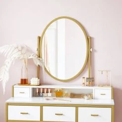 VASAGLE Schminktisch »RVT006A10/B01«, Frisiertisch, Kosmetiktisch, mit Hocker, mit ovalem Spiegel und 5 Schubladen Vintagebraun-Schwarz, Weiß-goldfarben 32 VASAGLE Schminktisch »RVT006A10/B01«, Frisiertisch, Kosmetiktisch, mit Hocker, mit ovalem Spiegel und 5 Schubladen Vintagebraun-Schwarz, Weiß-goldfarben -Vasagle Auslauf Geschäft 341e29d3 9084 47c5 bae2 b1fe31d1afc8