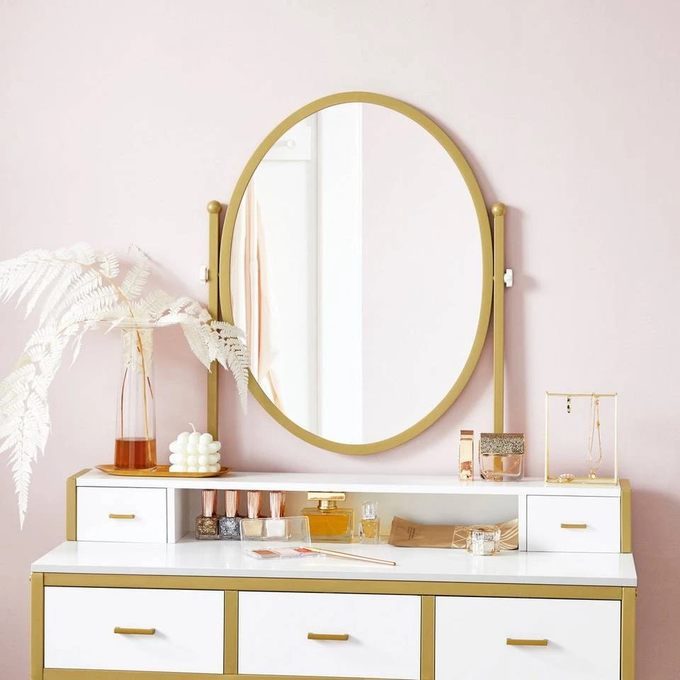 VASAGLE Schminktisch »RVT006A10/B01«, Frisiertisch, Kosmetiktisch, mit Hocker, mit ovalem Spiegel und 5 Schubladen Vintagebraun-Schwarz, Weiß-goldfarben 15 VASAGLE Schminktisch »RVT006A10/B01«, Frisiertisch, Kosmetiktisch, mit Hocker, mit ovalem Spiegel und 5 Schubladen Vintagebraun-Schwarz, Weiß-goldfarben – Bild 13