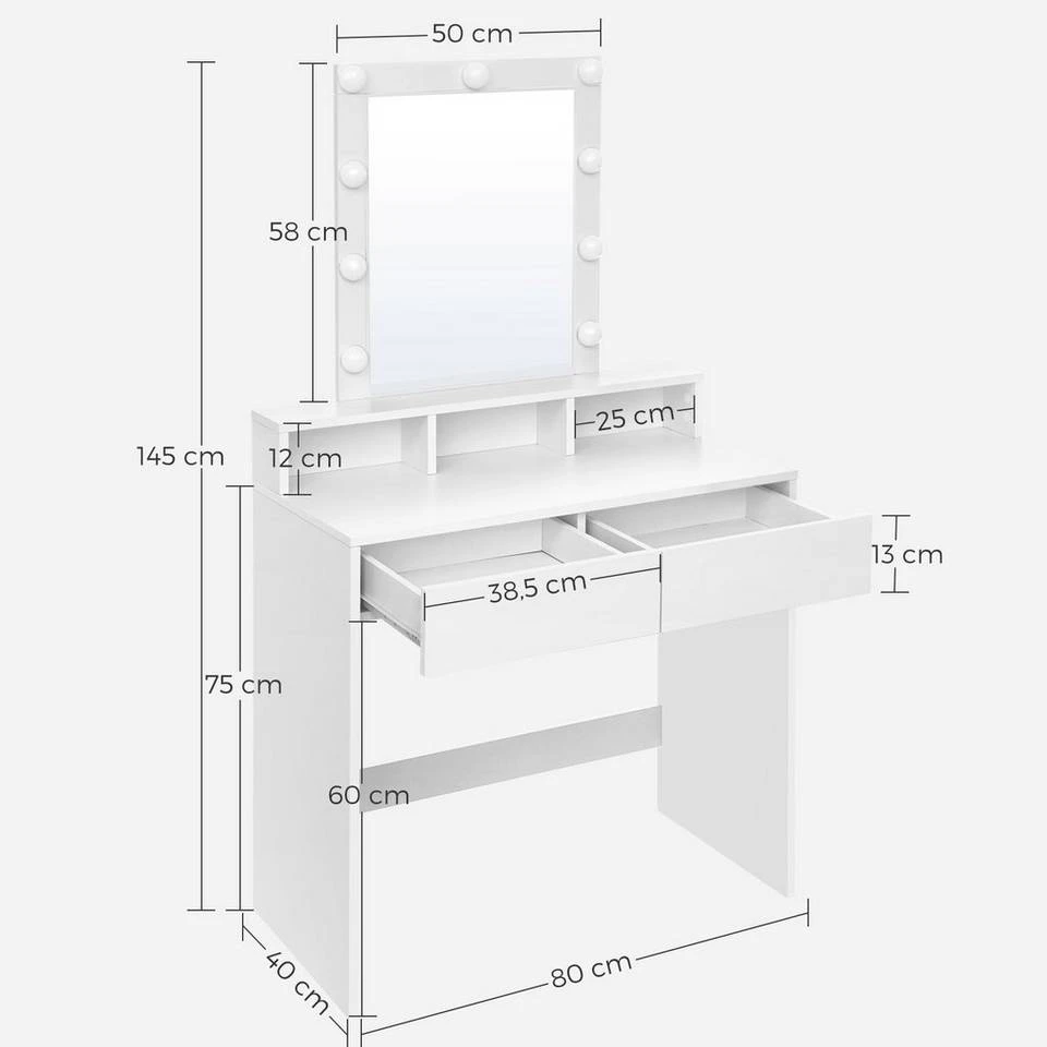 VASAGLE Schminktisch »RDT114W01«, Frisiertisch,Kosmetiktisch mit Spiegel und Glühbirnen, mit 2 Schubladen,weiß 11 VASAGLE Schminktisch »RDT114W01«, Frisiertisch,Kosmetiktisch mit Spiegel und Glühbirnen, mit 2 Schubladen,weiß – Bild 9