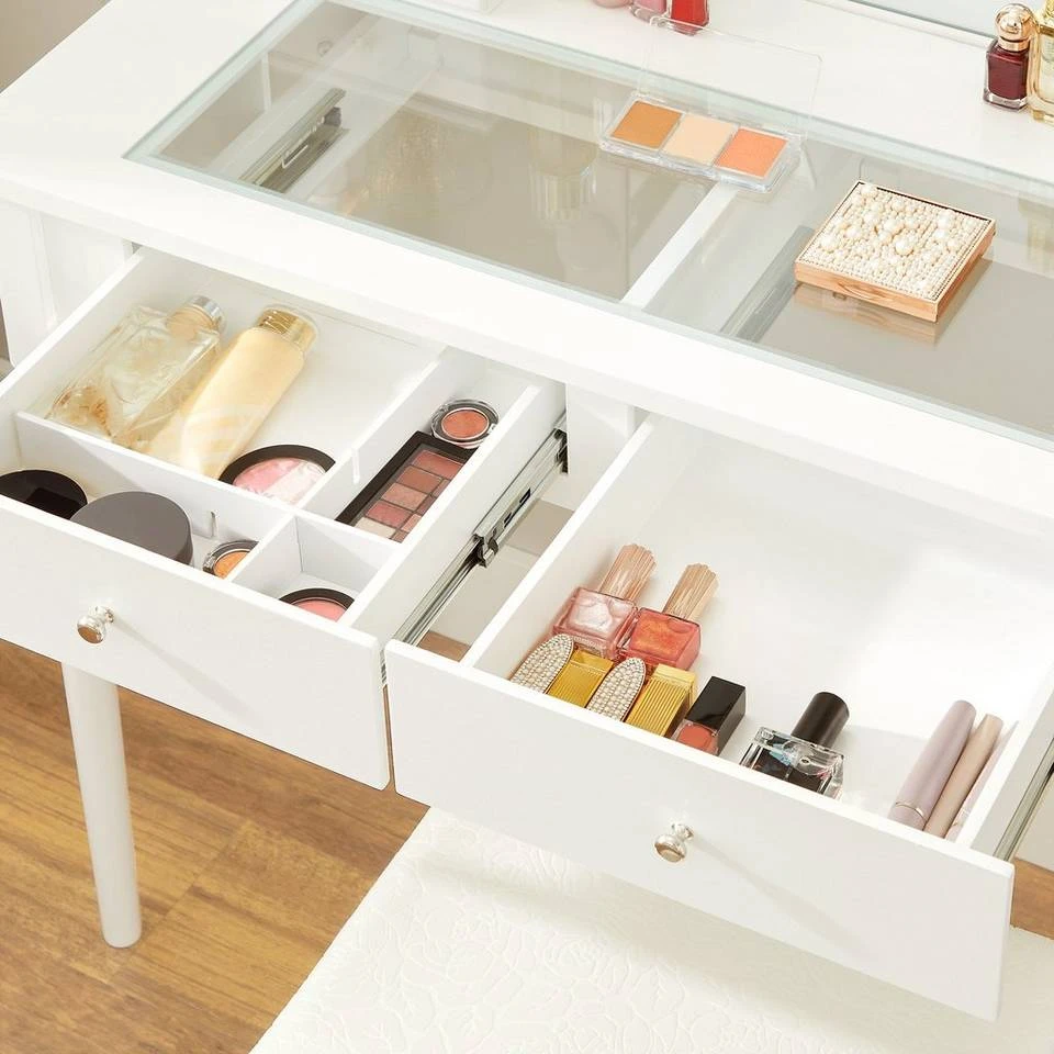 VASAGLE Schminktisch »RDT172W01«, Frisiertisch, mit Hocker und 10 Glühbirnen, transparente Tischplatte aus Hartglas 7 VASAGLE Schminktisch »RDT172W01«, Frisiertisch, mit Hocker und 10 Glühbirnen, transparente Tischplatte aus Hartglas – Bild 5