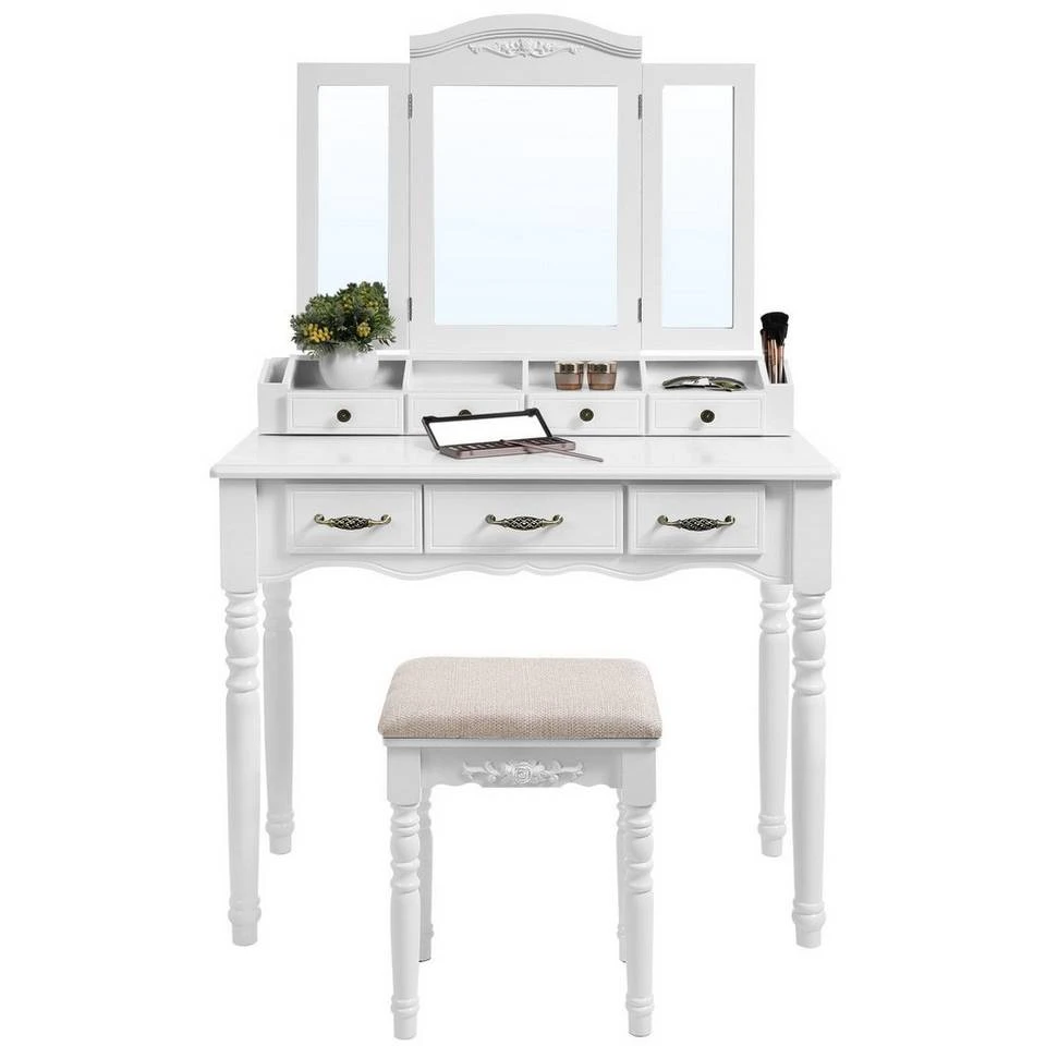 VASAGLE Schminktisch »RDT60WT RDT60BK«, Frisiertisch, Kosmetiktisch mit 3-teiliger Klappspiegel,mit Hocker Schwarz, Weiß 10 VASAGLE Schminktisch »RDT60WT RDT60BK«, Frisiertisch, Kosmetiktisch mit 3-teiliger Klappspiegel,mit Hocker Schwarz, Weiß – Bild 8