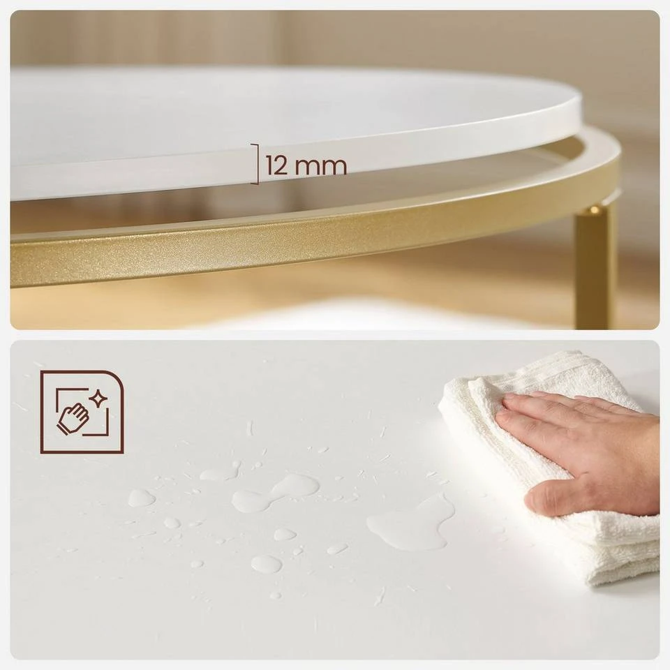 VASAGLE Couchtisch »LCT091A10«, Beistelltisch, Sofatisch, rund, mit goldfarbenem Stahlrahmen, modern, Ø 84 cm, weiß-goldfarben 7 VASAGLE Couchtisch »LCT091A10«, Beistelltisch, Sofatisch, rund, mit goldfarbenem Stahlrahmen, modern, Ø 84 cm, weiß-goldfarben – Bild 5