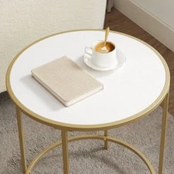 VASAGLE Beistelltisch »LET282A10«, Nachttisch, rund, mit Oberfläche aus Holzspanplatte und goldfarbenem Metallrahmen, weiß-goldfarben -Vasagle Auslauf Geschäft 42802c83 eef6 46cc 8641 64c37ea24d5b