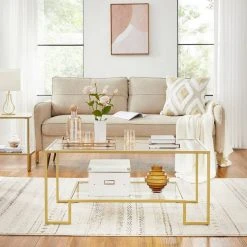 VASAGLE Couchtisch »LGT033A01«, Beistelltisch, 2 Ablagen aus Hartglas, Dekoration mit Stauraum, modernes Design, 100 x 55 x 45 cm, goldfarben -Vasagle Auslauf Geschäft 56d44789 d193 4184 8c64 44474b3b8193