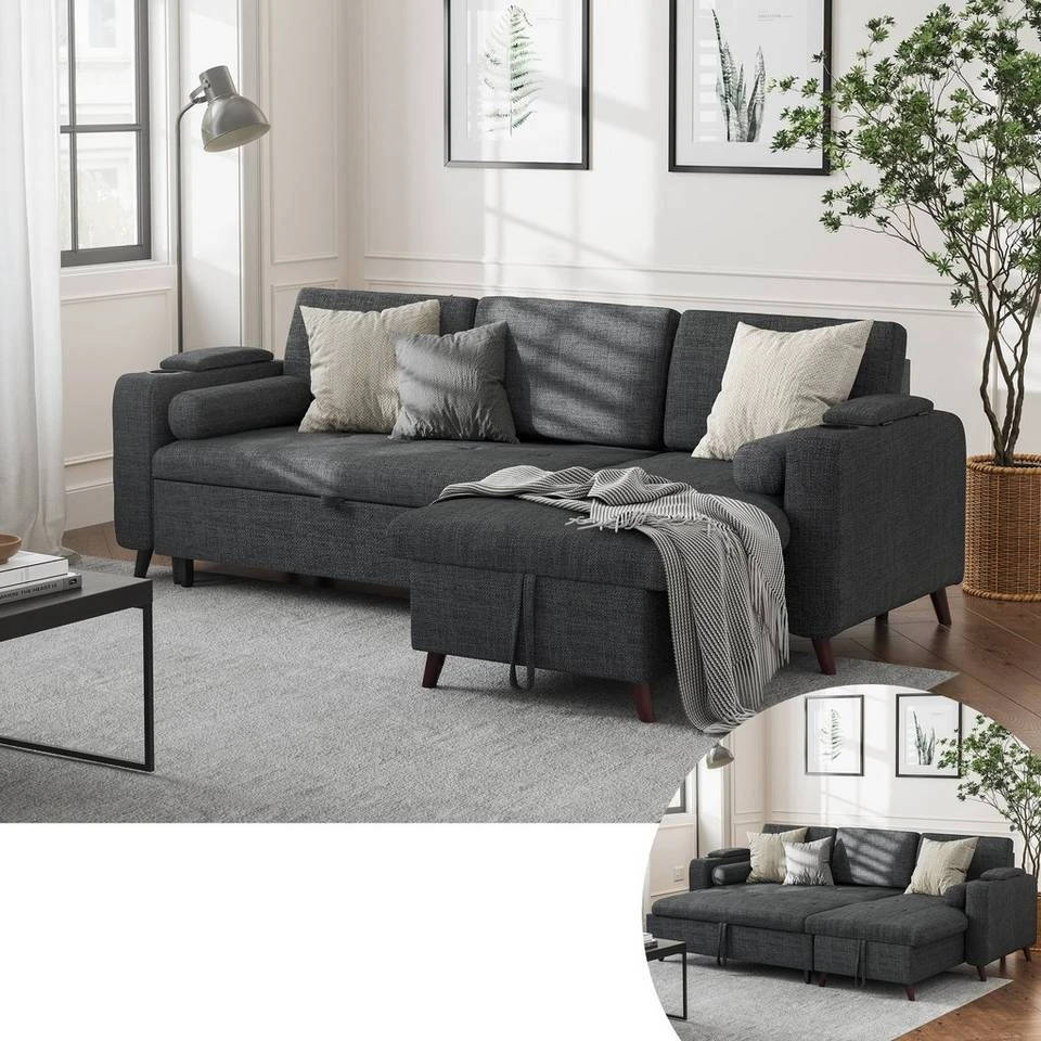 VASAGLE Schlafsofa »LCS801«, Bettsofa mit Stauraum, Ecksofa, mit Becherhalter, einfache Montage, 223 x 142 x 88 cm (L x B x H), modern Dunkelgrau, Hellgrau 12 VASAGLE Schlafsofa »LCS801«, Bettsofa mit Stauraum, Ecksofa, mit Becherhalter, einfache Montage, 223 x 142 x 88 cm (L x B x H), modern Dunkelgrau, Hellgrau – Bild 11