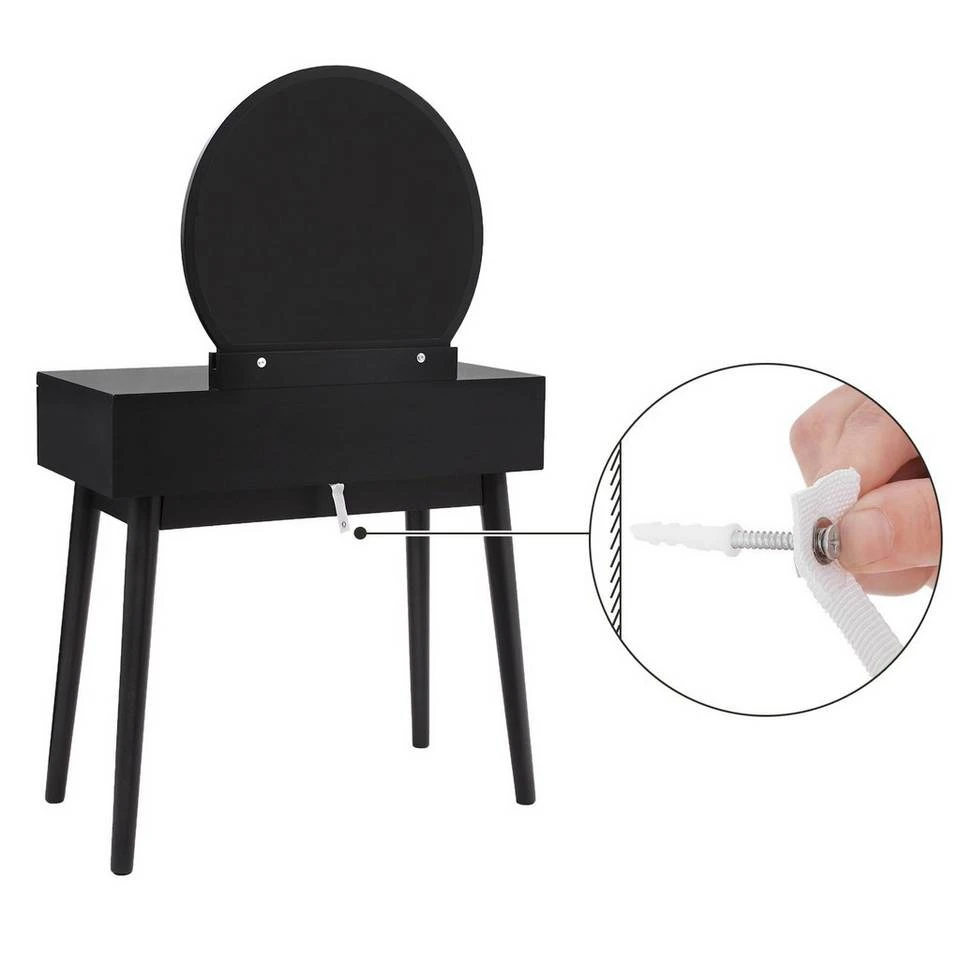 VASAGLE Schminktisch »RDT11BK RDT11K«, Frisiertisch, mit rundem Spiegel und gepolstertem Hocker, 2 große Schubladen Schwarz | schwarz, Weiß | natur 17 VASAGLE Schminktisch »RDT11BK RDT11K«, Frisiertisch, mit rundem Spiegel und gepolstertem Hocker, 2 große Schubladen Schwarz | schwarz, Weiß | natur – Bild 15