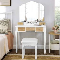 VASAGLE Schminktisch »RDT28K RDT28WT«, Frisiertisch, Kosmetiktisch mit Klappspiegel und 5 Schubladen, mit Hocker Natur, Wei&szlig; -Vasagle Auslauf Geschäft 720ae73e cd95 4e4c 8b7b 4a66580cd937