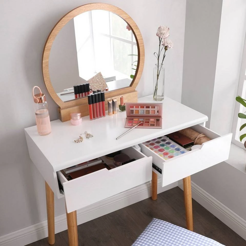 VASAGLE Schminktisch »RDT11BK RDT11K«, Frisiertisch, mit rundem Spiegel und gepolstertem Hocker, 2 große Schubladen Schwarz | schwarz, Weiß | natur 4 VASAGLE Schminktisch »RDT11BK RDT11K«, Frisiertisch, mit rundem Spiegel und gepolstertem Hocker, 2 große Schubladen Schwarz | schwarz, Weiß | natur – Bild 2