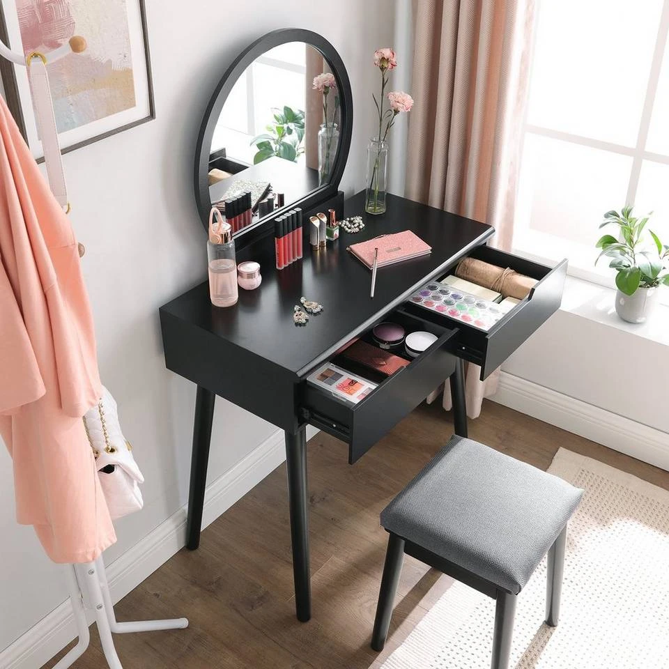 VASAGLE Schminktisch »RDT11BK RDT11K«, Frisiertisch, mit rundem Spiegel und gepolstertem Hocker, 2 große Schubladen Schwarz | schwarz, Weiß | natur 12 VASAGLE Schminktisch »RDT11BK RDT11K«, Frisiertisch, mit rundem Spiegel und gepolstertem Hocker, 2 große Schubladen Schwarz | schwarz, Weiß | natur – Bild 10