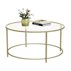 VASAGLE Couchtisch »LGT21G«, Beistelltisch, Glastisch, Sofatisch mit Metallgestell, Hartglas, Ø 84 cm, rund, stabil Gold, Schwarz