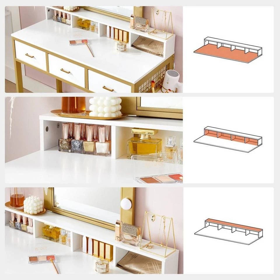 VASAGLE Schminktisch »RVT014A10 RVT014B01«, Frisiertisch, Kosmetiktisch mit Hocker, 10 LED-Glühbirnen, einstellbare Helligkeit Vintagebraun-Schwarz, Weiß-gold 16 VASAGLE Schminktisch »RVT014A10 RVT014B01«, Frisiertisch, Kosmetiktisch mit Hocker, 10 LED-Glühbirnen, einstellbare Helligkeit Vintagebraun-Schwarz, Weiß-gold – Bild 14