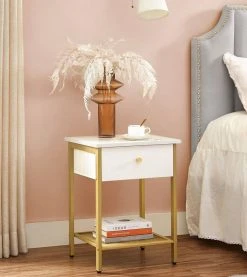 VASAGLE Nachttisch »LET512A10«, Beistelltisch, mit Schublade und Gitterablage, modern, weiß-goldfarben