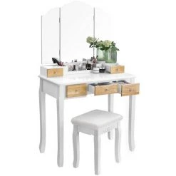 VASAGLE Schminktisch »RDT28K RDT28WT«, Frisiertisch, Kosmetiktisch mit Klappspiegel und 5 Schubladen, mit Hocker Natur, Wei&szlig; -Vasagle Auslauf Geschäft 9cbec143 c3f5 4a78 b1bb 392d2ceb7329