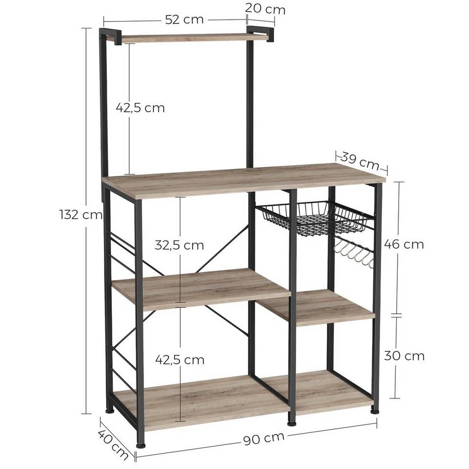 VASAGLE Standregal »KKS035/35«, Küchenregal mit Metallkorb, 6 S-Haken und Regalablagen, 90 x 40 x 132 cm, Industrie-Design Haselnussbraun-schwarz, Greige-schwarz, Vintage 28 VASAGLE Standregal »KKS035/35«, Küchenregal mit Metallkorb, 6 S-Haken und Regalablagen, 90 x 40 x 132 cm, Industrie-Design Haselnussbraun-schwarz, Greige-schwarz, Vintage – Bild 26