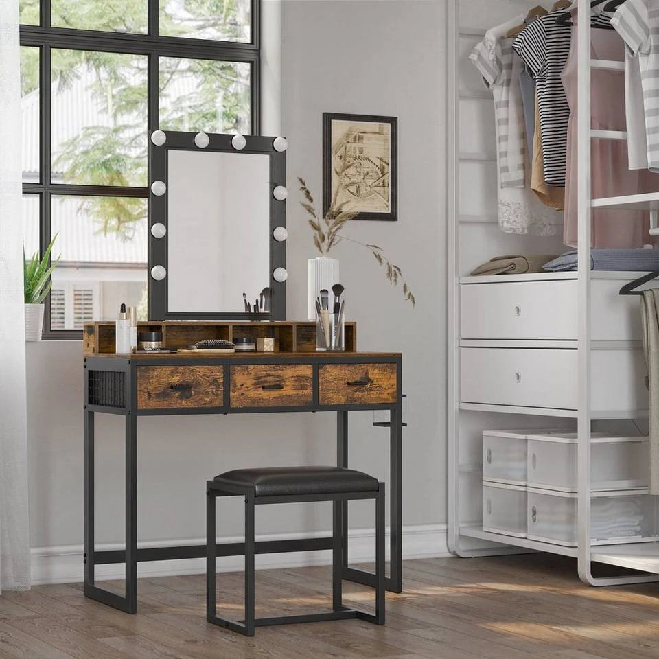 VASAGLE Schminktisch »RVT014A10 RVT014B01«, Frisiertisch, Kosmetiktisch mit Hocker, 10 LED-Glühbirnen, einstellbare Helligkeit Vintagebraun-Schwarz, Weiß-gold 4 VASAGLE Schminktisch »RVT014A10 RVT014B01«, Frisiertisch, Kosmetiktisch mit Hocker, 10 LED-Glühbirnen, einstellbare Helligkeit Vintagebraun-Schwarz, Weiß-gold – Bild 2