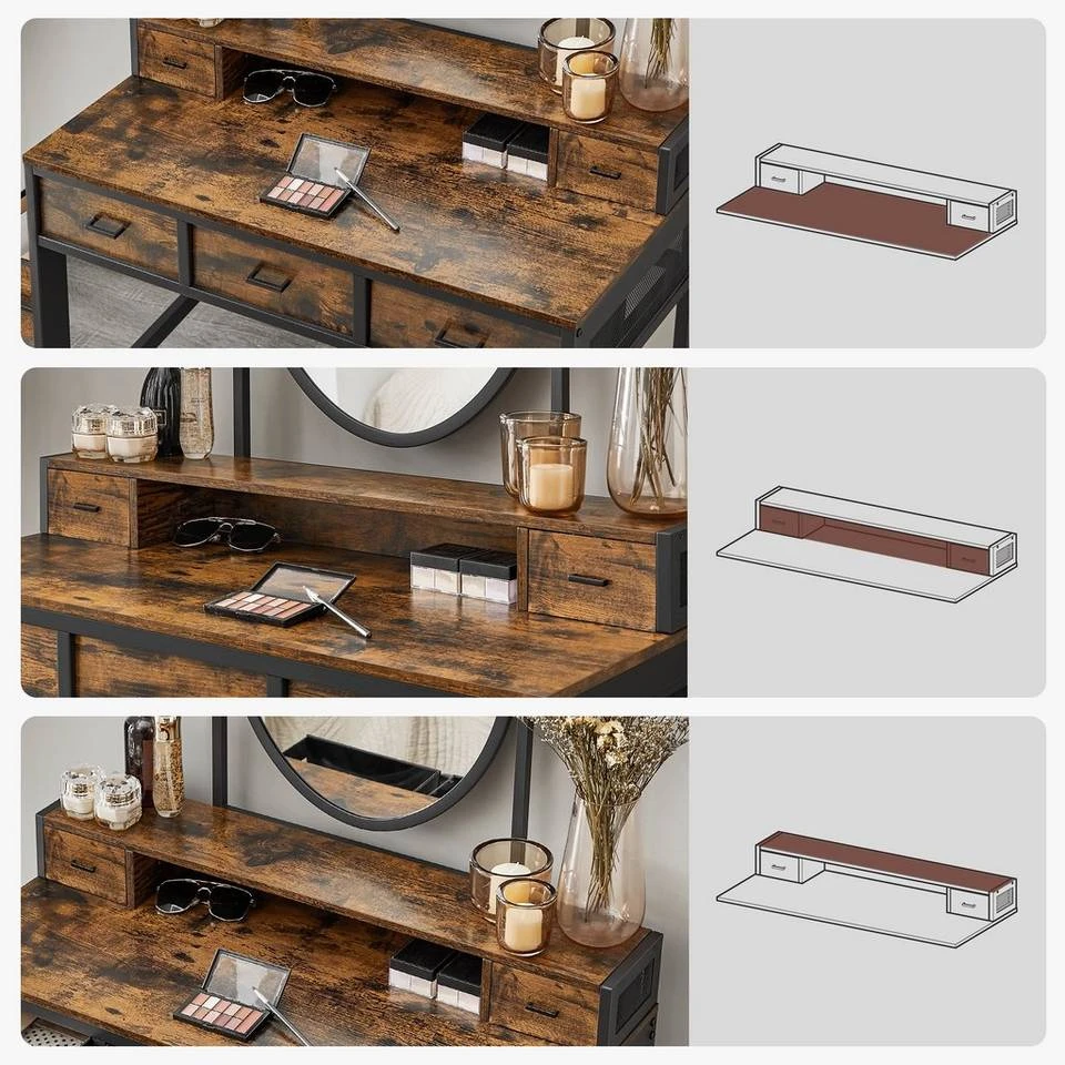 VASAGLE Schminktisch »RVT006A10/B01«, Frisiertisch, Kosmetiktisch, mit Hocker, mit ovalem Spiegel und 5 Schubladen Vintagebraun-Schwarz, Weiß-goldfarben 4 VASAGLE Schminktisch »RVT006A10/B01«, Frisiertisch, Kosmetiktisch, mit Hocker, mit ovalem Spiegel und 5 Schubladen Vintagebraun-Schwarz, Weiß-goldfarben – Bild 2