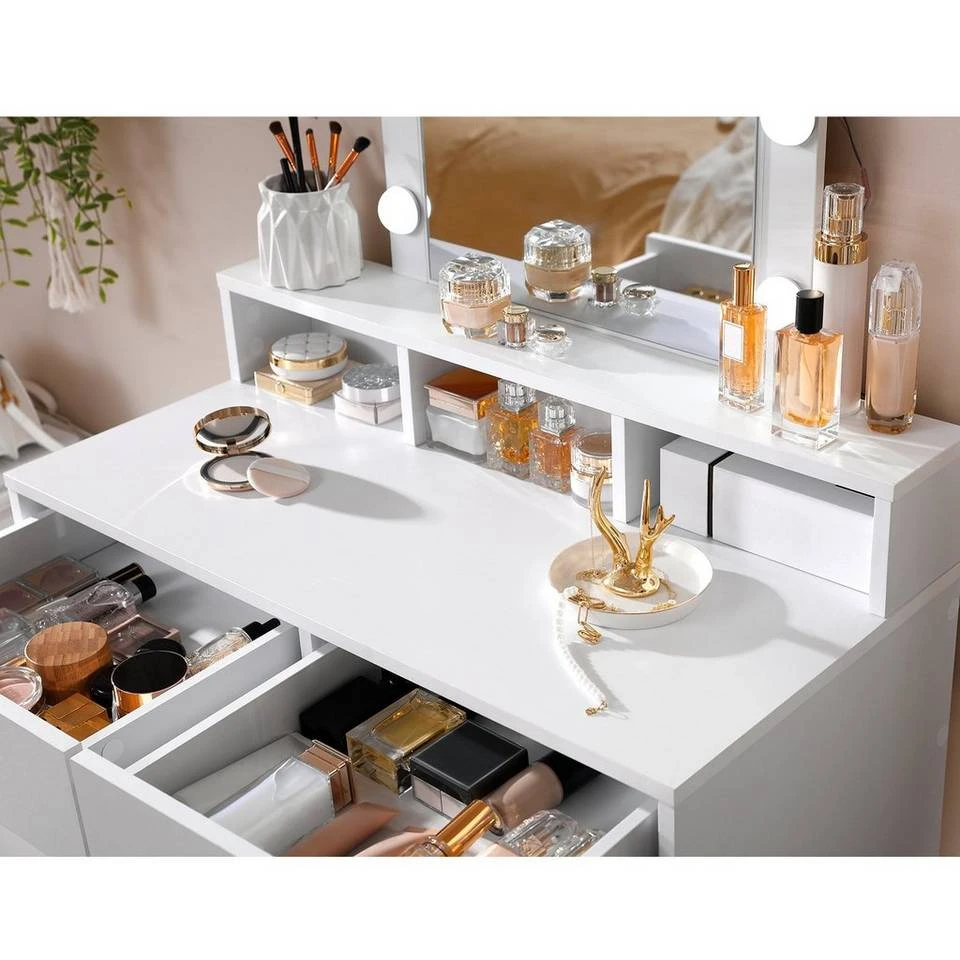 VASAGLE Schminktisch »RDT114W01«, Frisiertisch,Kosmetiktisch mit Spiegel und Glühbirnen, mit 2 Schubladen,weiß 7 VASAGLE Schminktisch »RDT114W01«, Frisiertisch,Kosmetiktisch mit Spiegel und Glühbirnen, mit 2 Schubladen,weiß – Bild 5
