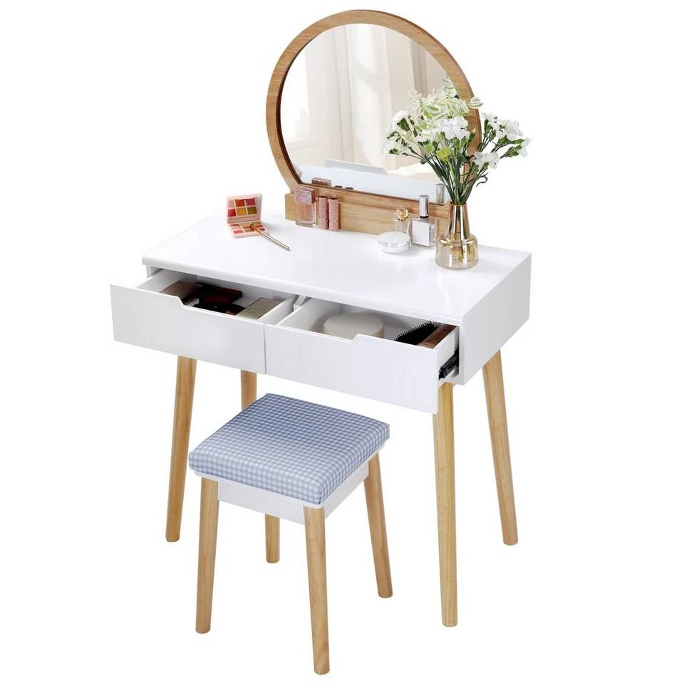 VASAGLE Schminktisch »RDT11BK RDT11K«, Frisiertisch, mit rundem Spiegel und gepolstertem Hocker, 2 große Schubladen Schwarz | schwarz, Weiß | natur 6 VASAGLE Schminktisch »RDT11BK RDT11K«, Frisiertisch, mit rundem Spiegel und gepolstertem Hocker, 2 große Schubladen Schwarz | schwarz, Weiß | natur – Bild 4