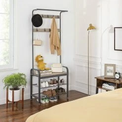 VASAGLE Garderobenständer »HSR40B«, Kleiderständer mit 9 Haken, Schuhregal mit 3 Ablagen und stilvollen Griffen, 183 cm hoch, Industrie-Design Grau, Vintage, Wei&szlig; -Vasagle Auslauf Geschäft bb298b22 c70d 4e65 a689 5d8a31045284