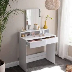 VASAGLE Schminktisch »RDT113W01«, Frisiertisch,Kosmetiktisch mit Spiegel und 2 Schubladen,weiß