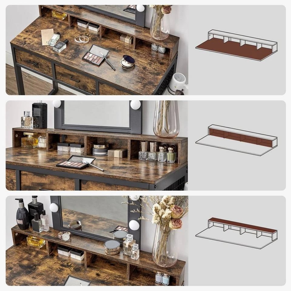 VASAGLE Schminktisch »RVT014A10 RVT014B01«, Frisiertisch, Kosmetiktisch mit Hocker, 10 LED-Glühbirnen, einstellbare Helligkeit Vintagebraun-Schwarz, Weiß-gold 7 VASAGLE Schminktisch »RVT014A10 RVT014B01«, Frisiertisch, Kosmetiktisch mit Hocker, 10 LED-Glühbirnen, einstellbare Helligkeit Vintagebraun-Schwarz, Weiß-gold – Bild 5