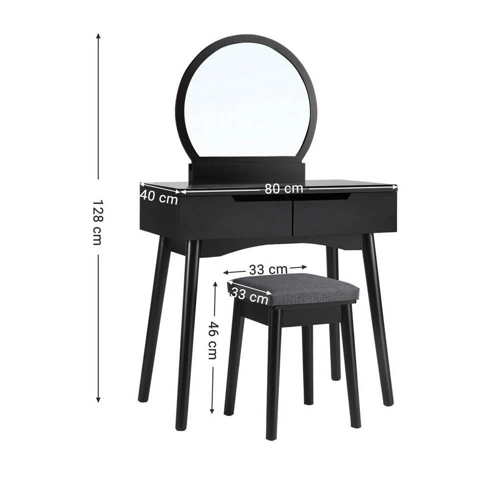 VASAGLE Schminktisch »RDT11BK RDT11K«, Frisiertisch, mit rundem Spiegel und gepolstertem Hocker, 2 große Schubladen Schwarz | schwarz, Weiß | natur 15 VASAGLE Schminktisch »RDT11BK RDT11K«, Frisiertisch, mit rundem Spiegel und gepolstertem Hocker, 2 große Schubladen Schwarz | schwarz, Weiß | natur – Bild 13