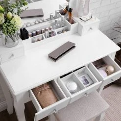 VASAGLE Schminktisch »RDT25WT/BK/K«, Frisiertisch, Kosmetiktisch, mit Spiegel ohne Rahmen, Polsterhocker, Massivholzbeinen Schwarz, Weiß-Natur, Weiß 38 VASAGLE Schminktisch »RDT25WT/BK/K«, Frisiertisch, Kosmetiktisch, mit Spiegel ohne Rahmen, Polsterhocker, Massivholzbeinen Schwarz, Weiß-Natur, Weiß -Vasagle Auslauf Geschäft d7003e40 1b15 456b b4de 92c0e5a90df8