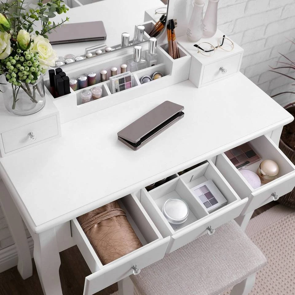 VASAGLE Schminktisch »RDT25WT/BK/K«, Frisiertisch, Kosmetiktisch, mit Spiegel ohne Rahmen, Polsterhocker, Massivholzbeinen Schwarz, Weiß-Natur, Weiß 14 VASAGLE Schminktisch »RDT25WT/BK/K«, Frisiertisch, Kosmetiktisch, mit Spiegel ohne Rahmen, Polsterhocker, Massivholzbeinen Schwarz, Weiß-Natur, Weiß – Bild 12