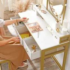 VASAGLE Schminktisch »RVT006A10/B01«, Frisiertisch, Kosmetiktisch, mit Hocker, mit ovalem Spiegel und 5 Schubladen Vintagebraun-Schwarz, Weiß-goldfarben 31 VASAGLE Schminktisch »RVT006A10/B01«, Frisiertisch, Kosmetiktisch, mit Hocker, mit ovalem Spiegel und 5 Schubladen Vintagebraun-Schwarz, Weiß-goldfarben -Vasagle Auslauf Geschäft de275aa0 f9ba 48fa b651 d63535125779