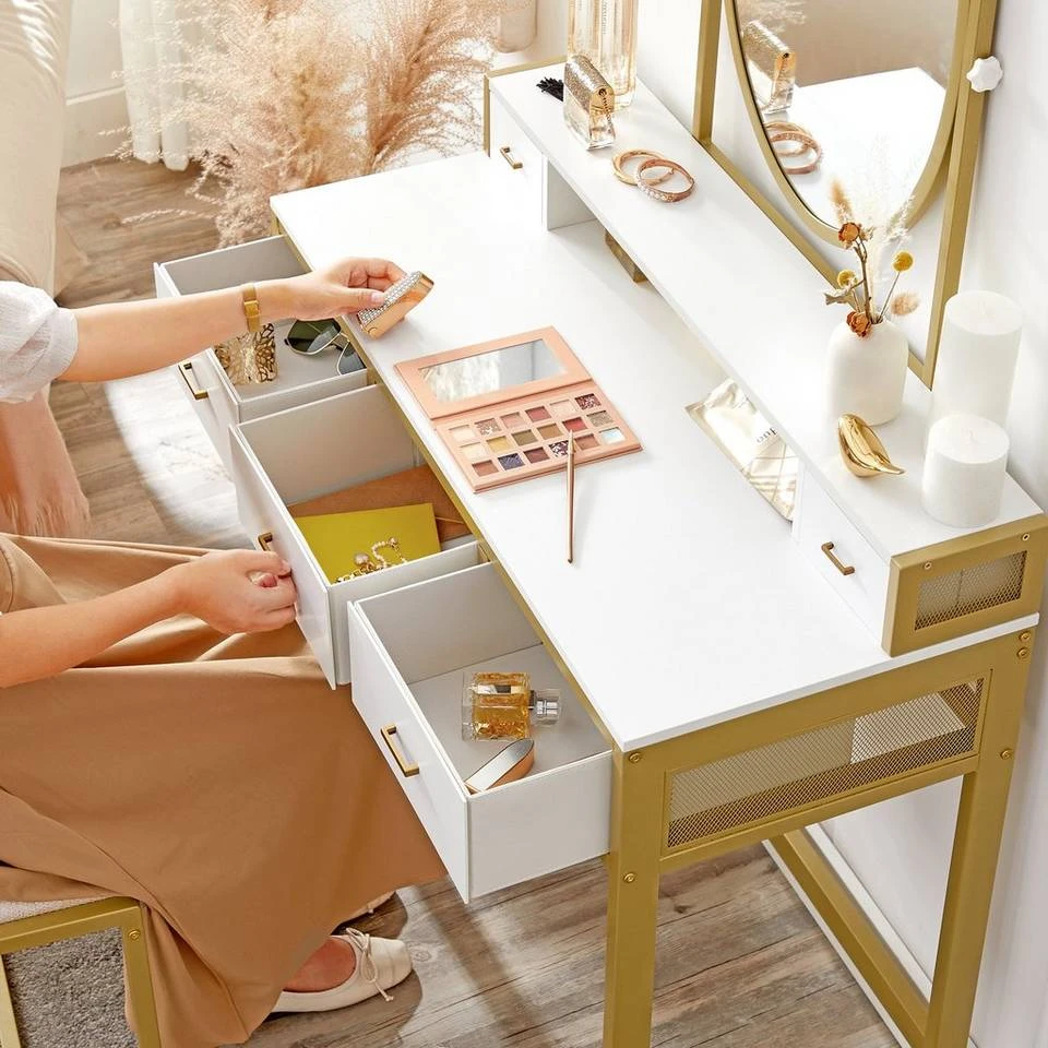 VASAGLE Schminktisch »RVT006A10/B01«, Frisiertisch, Kosmetiktisch, mit Hocker, mit ovalem Spiegel und 5 Schubladen Vintagebraun-Schwarz, Weiß-goldfarben 14 VASAGLE Schminktisch »RVT006A10/B01«, Frisiertisch, Kosmetiktisch, mit Hocker, mit ovalem Spiegel und 5 Schubladen Vintagebraun-Schwarz, Weiß-goldfarben – Bild 12