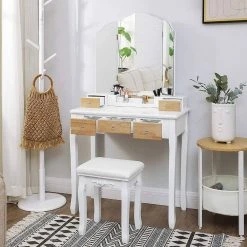 VASAGLE Schminktisch »RDT28K RDT28WT«, Frisiertisch, Kosmetiktisch mit Klappspiegel und 5 Schubladen, mit Hocker Natur, Wei&szlig; -Vasagle Auslauf Geschäft e8ec16ef 5a7f 4b8c bd81 4f745c85b103