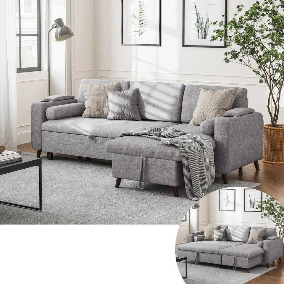 VASAGLE Schlafsofa »LCS801«, Bettsofa mit Stauraum, Ecksofa, mit Becherhalter, einfache Montage, 223 x 142 x 88 cm (L x B x H), modern Dunkelgrau, Hellgrau 2 VASAGLE Schlafsofa »LCS801«, Bettsofa mit Stauraum, Ecksofa, mit Becherhalter, einfache Montage, 223 x 142 x 88 cm (L x B x H), modern Dunkelgrau, Hellgrau