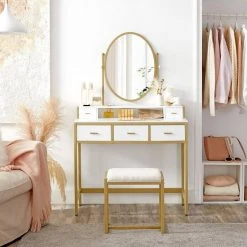 VASAGLE Schminktisch »RVT006A10/B01«, Frisiertisch, Kosmetiktisch, mit Hocker, mit ovalem Spiegel und 5 Schubladen Vintagebraun-Schwarz, Weiß-goldfarben 29 VASAGLE Schminktisch »RVT006A10/B01«, Frisiertisch, Kosmetiktisch, mit Hocker, mit ovalem Spiegel und 5 Schubladen Vintagebraun-Schwarz, Weiß-goldfarben -Vasagle Auslauf Geschäft ed94ce2a add5 4f38 9b35 6deb2a3661fa