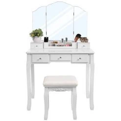 VASAGLE Schminktisch »RDT28K RDT28WT«, Frisiertisch, Kosmetiktisch mit Klappspiegel und 5 Schubladen, mit Hocker Natur, Wei&szlig; -Vasagle Auslauf Geschäft ee01691e 32e1 45fc 8574 a41fafdcfd6d