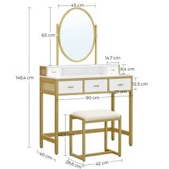VASAGLE Schminktisch »RVT006A10/B01«, Frisiertisch, Kosmetiktisch, mit Hocker, mit ovalem Spiegel und 5 Schubladen Vintagebraun-Schwarz, Weiß-goldfarben 37 VASAGLE Schminktisch »RVT006A10/B01«, Frisiertisch, Kosmetiktisch, mit Hocker, mit ovalem Spiegel und 5 Schubladen Vintagebraun-Schwarz, Weiß-goldfarben -Vasagle Auslauf Geschäft f5ad12b4 0ffd 435e 8138 409e0a9b6470